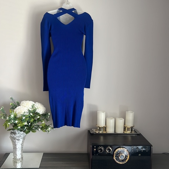 Almost Famous royal blue, strappy, cut-out, super stretchy, midi sweater dress - Picture 4 of 7